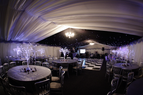 Clearspan wedding marquee interior with starlight dancefloor