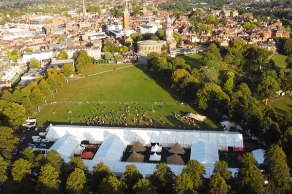 Aerial view of a large commercial marquee hire at a festival