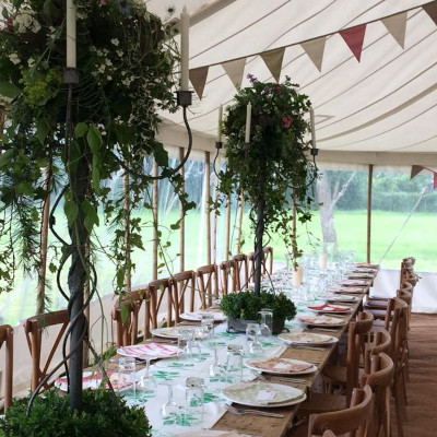 Interior of traditional marquee with banqueting tables